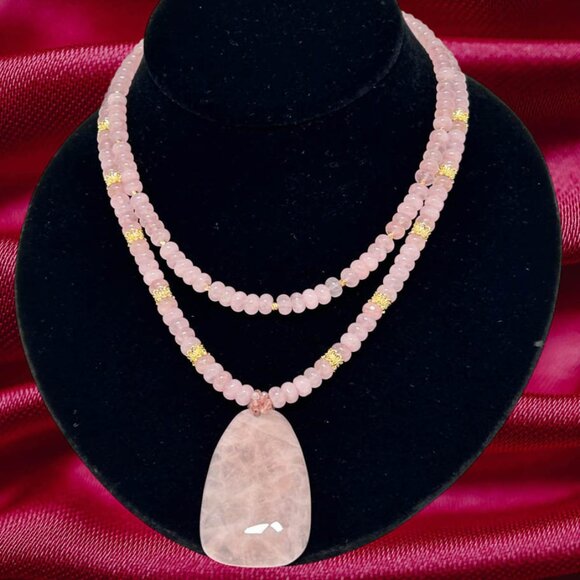 Two Strands Stylish Rose Quartz, With Rose Quartz Pendant - Picture 1 of 4